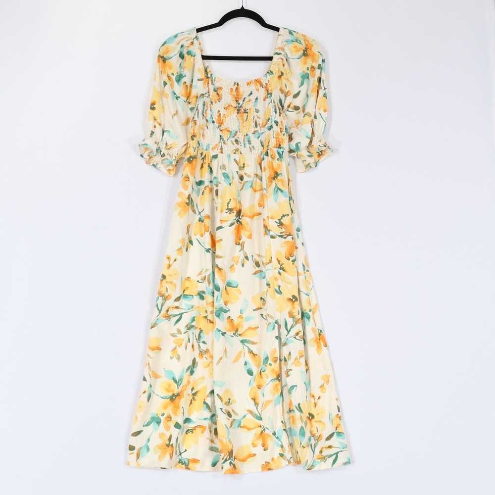 GAP Floral Smocked Midi Dress Women XS White Yellow Linen Blend Boho Cottagecore